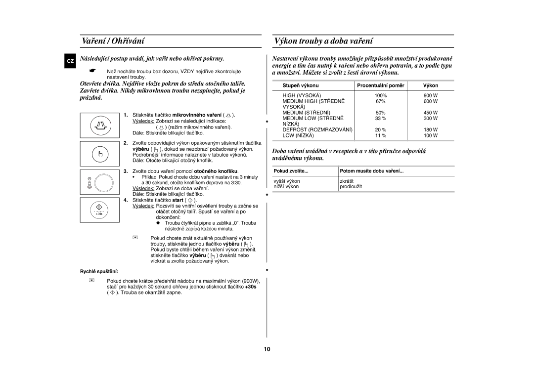 Samsung CE1185UBF/XEH manual Vaření / Ohřívání, Výkon trouby a doba vaření, Stupeň výkonu 