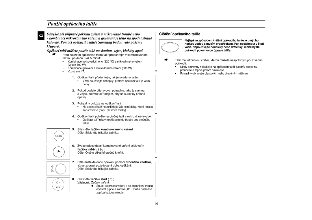 Samsung CE1185UBF/XEH manual Použití opékacího talíře, Opékací talíř předehřejte, jak je uvedeno výše 