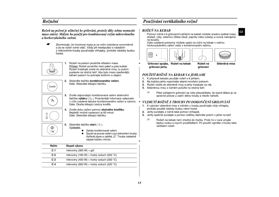 Samsung CE1185UBF/XEH manual Rožnění Používání vertikálního rožně, Rožeň NA Kebab, Použití Rožně NA Kebab S 6 Jehlami 