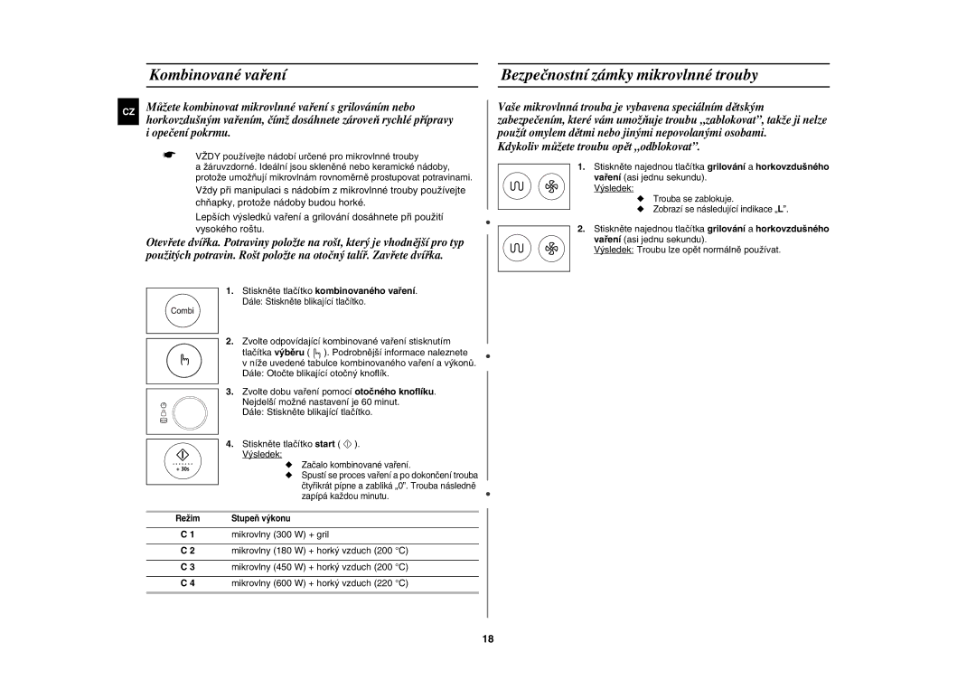 Samsung CE1185UBF/XEH manual Kombinované vaření Bezpečnostní zámky mikrovlnné trouby, Opečení pokrmu 