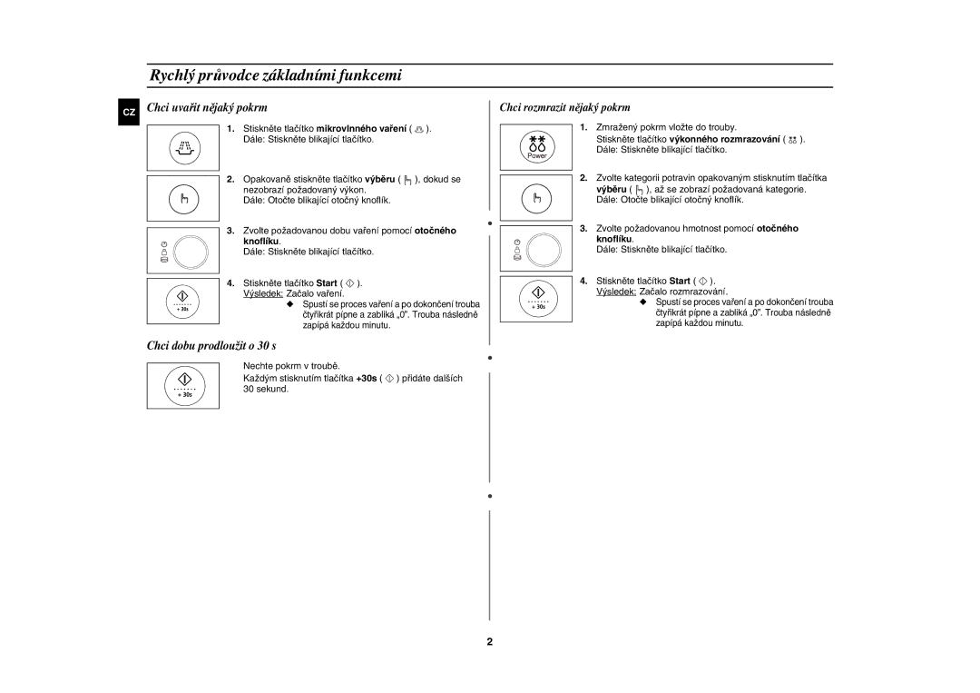 Samsung CE1185UBF/XEH Rychlý průvodce základními funkcemi, Chci uvařit nějaký pokrm, Chci dobu prodloužit o 30 s, Knoflíku 