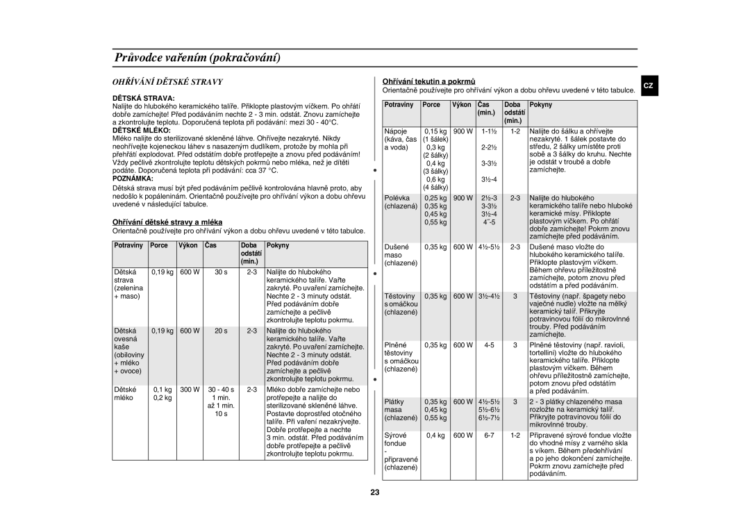 Samsung CE1185UBF/XEH manual Ohřívání Dětské Stravy, Ohřívání dětské stravy a mléka, Ohřívání tekutin a pokrmů 