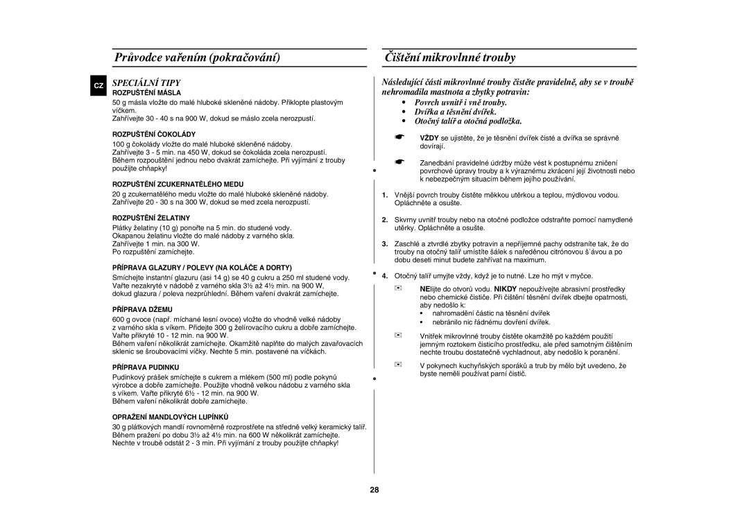 Samsung CE1185UBF/XEH manual Průvodce vařením pokračování Čištění mikrovlnné trouby, Speciální Tipy 