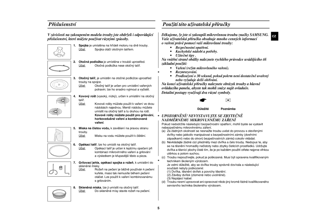 Samsung CE1185UBF/XEH manual Příslušenství, Použití této uživatelské příručky, Horkovzdušné vaření a kombinované, Vaření 