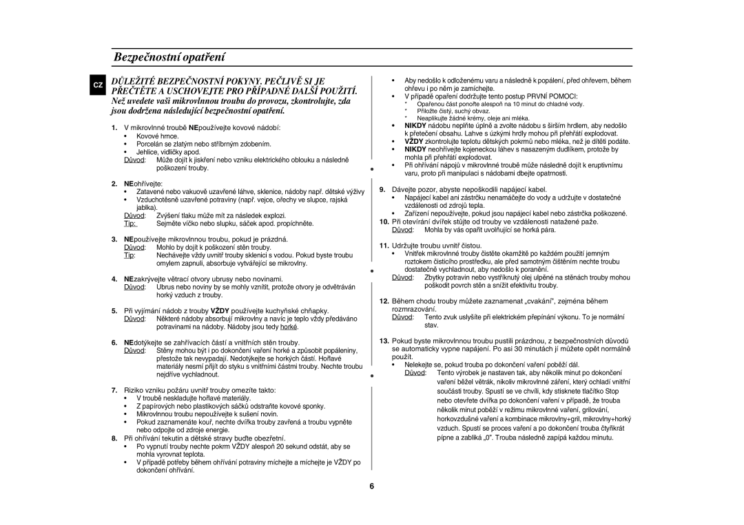 Samsung CE1185UBF/XEH manual Bezpečnostní opatření 