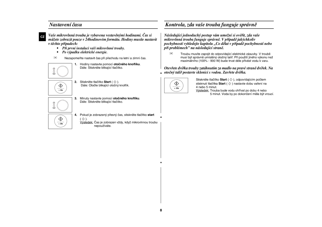 Samsung CE1185UBF/XEH manual Nastavení času, Kontrola, zda vaše trouba funguje správně 