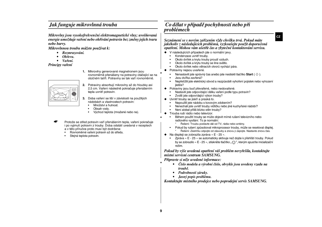 Samsung CE1185UBF/XEH manual Jak funguje mikrovlnná trouba, Co dělat v případě pochybností nebo při problémech 