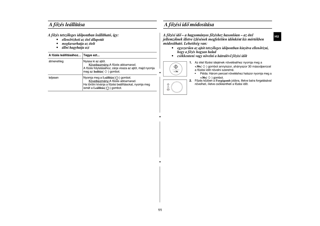 Samsung CE1185UBF/XEH manual Főzés leállítása, Főzési idő módosítása, Főzés leállításához… Tegye ezt 