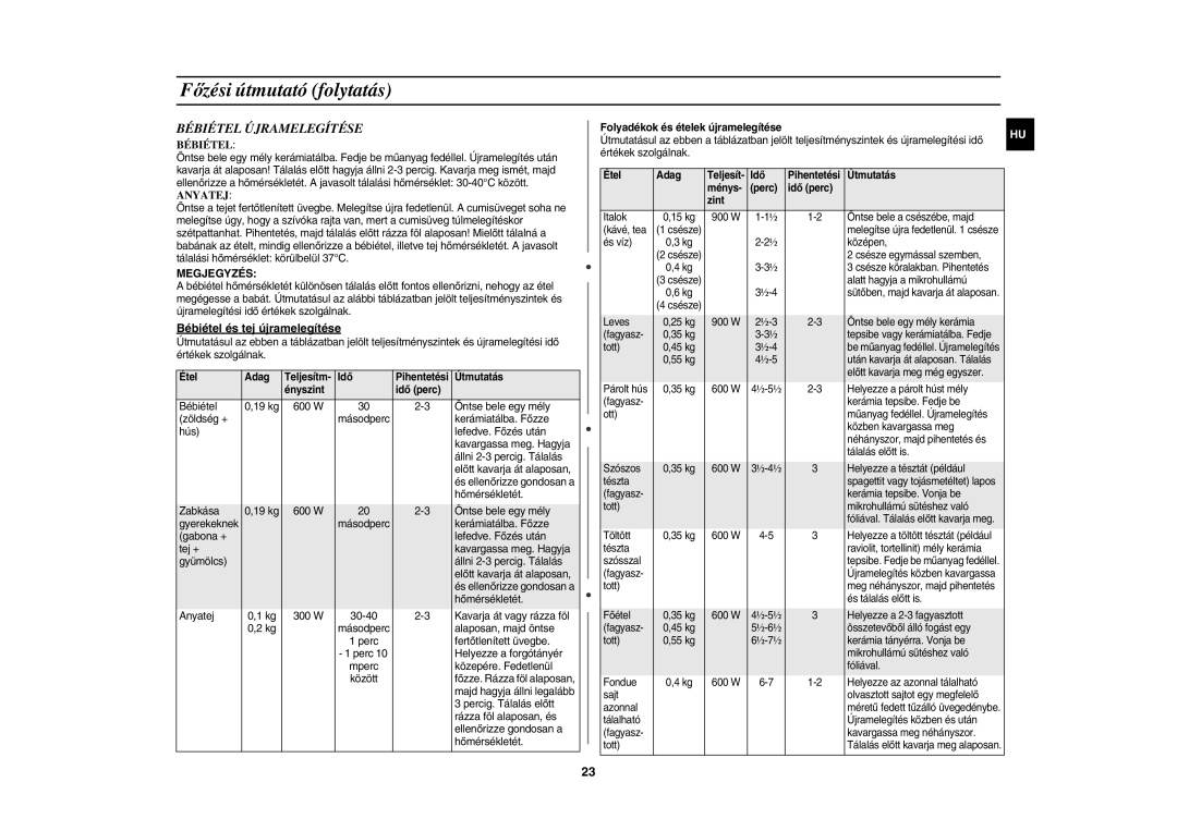 Samsung CE1185UBF/XEH manual Bébiétel Újramelegítése, Bébiétel és tej újramelegítése 