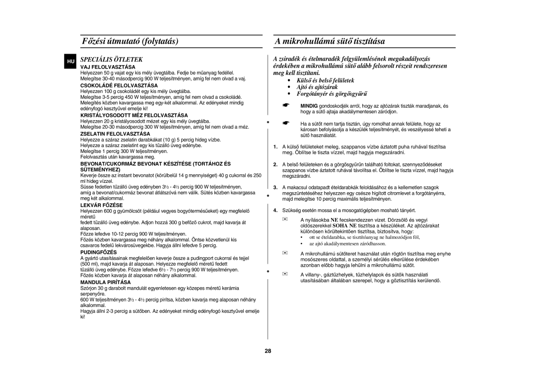 Samsung CE1185UBF/XEH manual Főzési útmutató folytatás Mikrohullámú sütő tisztítása, Speciális Ötletek 