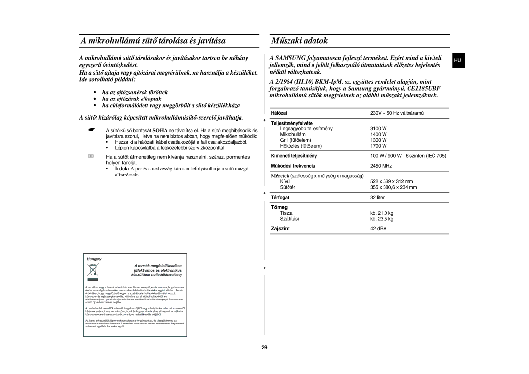 Samsung CE1185UBF/XEH manual Mikrohullámú sütő tárolása és javítása, Műszaki adatok, Tömeg, Zajszint, 42 dBA 