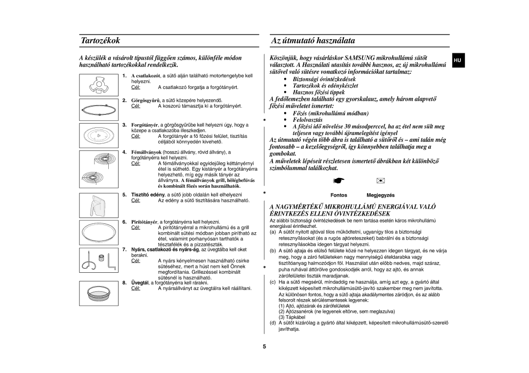 Samsung CE1185UBF/XEH manual Tartozékok, Az útmutató használata, Fontos Megjegyzés 