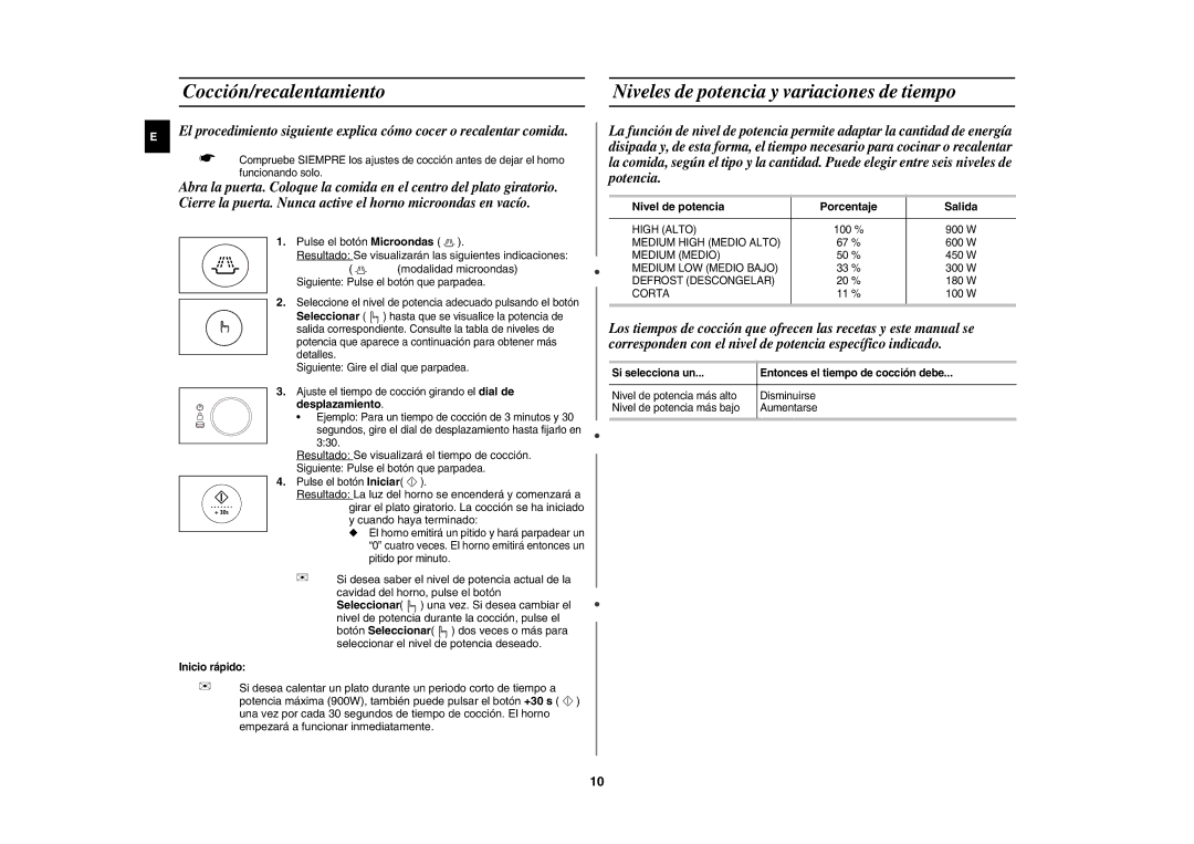 Samsung CE1185UB/XEC Resultado Se visualizará el tiempo de cocción, Nivel de potencia Porcentaje Salida, Inicio rápido 