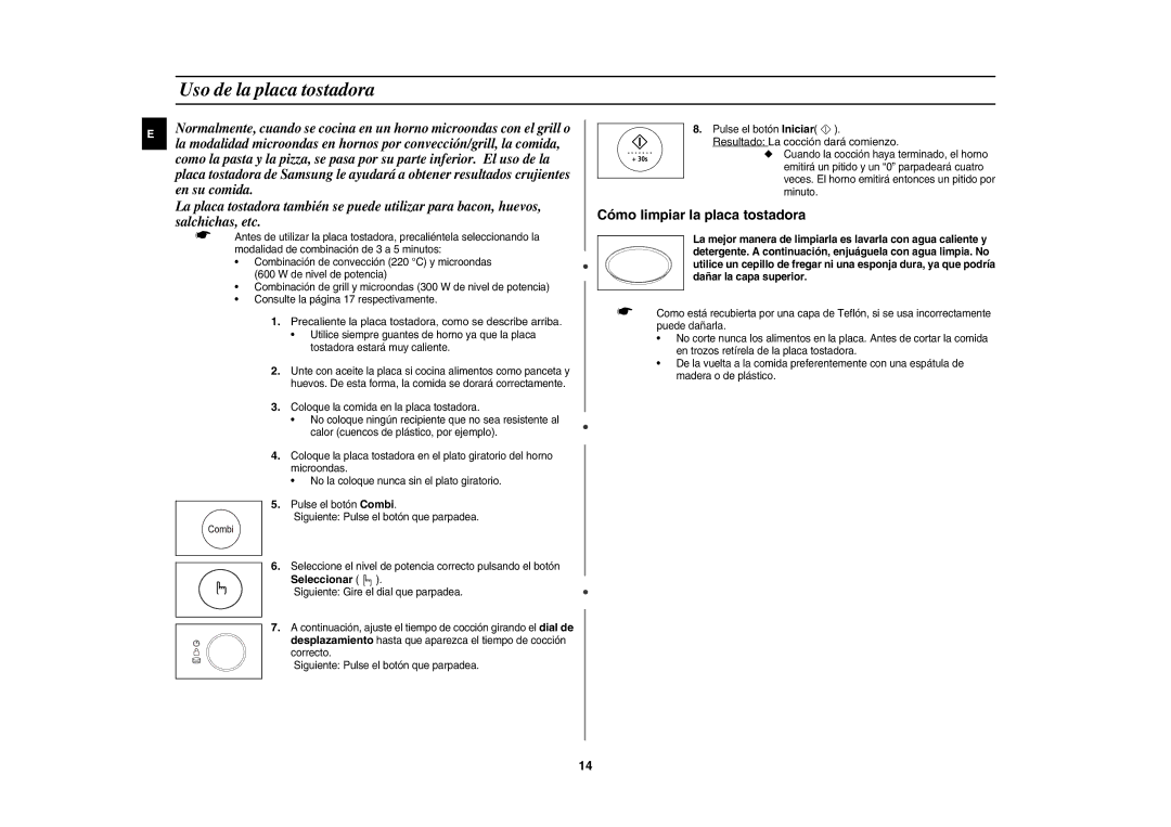 Samsung CE1185UB/XEC manual Uso de la placa tostadora, Precaliente la placa tostadora, como se describe arriba, Seleccionar 