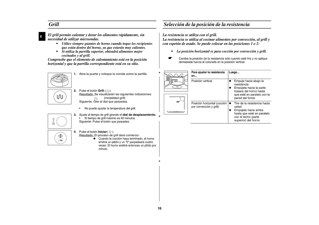 Samsung CE1185UB/XEC manual Grill Selección de la posición de la resistencia 