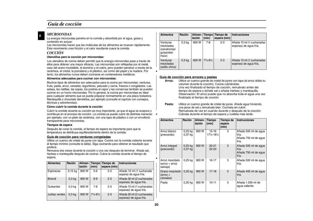 Samsung CE1185UB/XEC manual Microondas, Cocción, Guía de cocción para verduras congeladas 