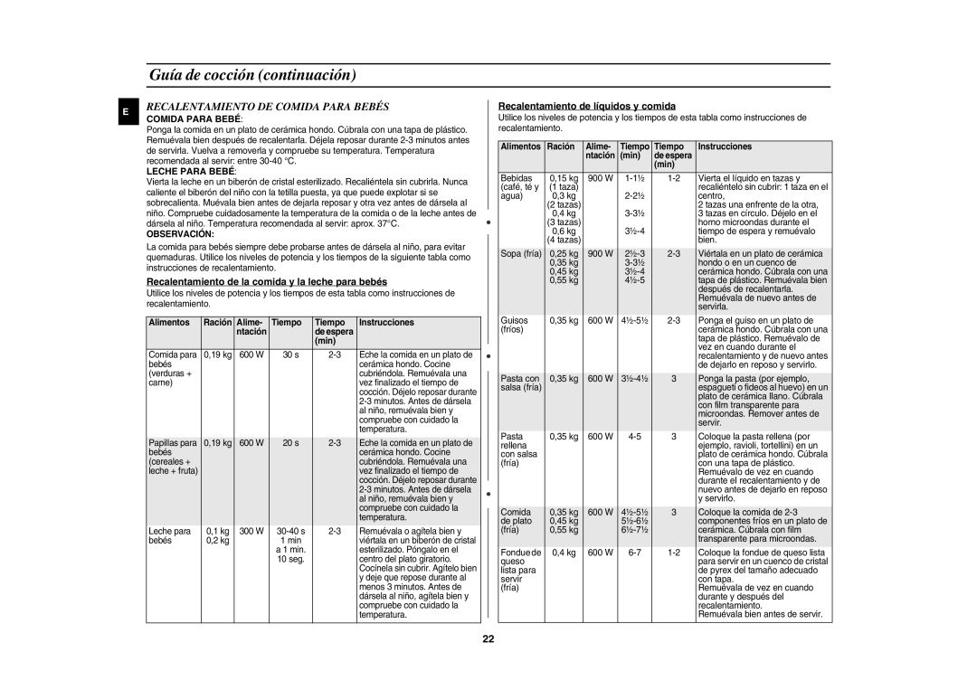 Samsung CE1185UB/XEC manual Recalentamiento DE Comida Para Bebés, Recalentamiento de la comida y la leche para bebés 