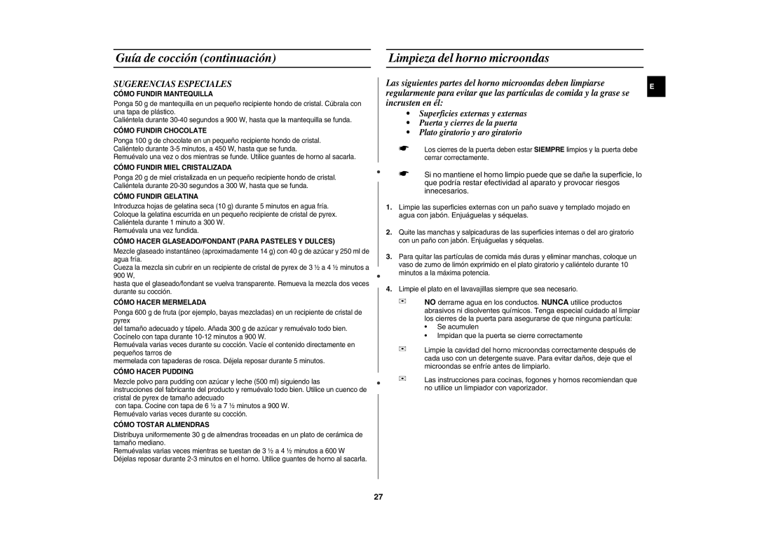 Samsung CE1185UB/XEC manual Guía de cocción continuación Limpieza del horno microondas, Sugerencias Especiales 