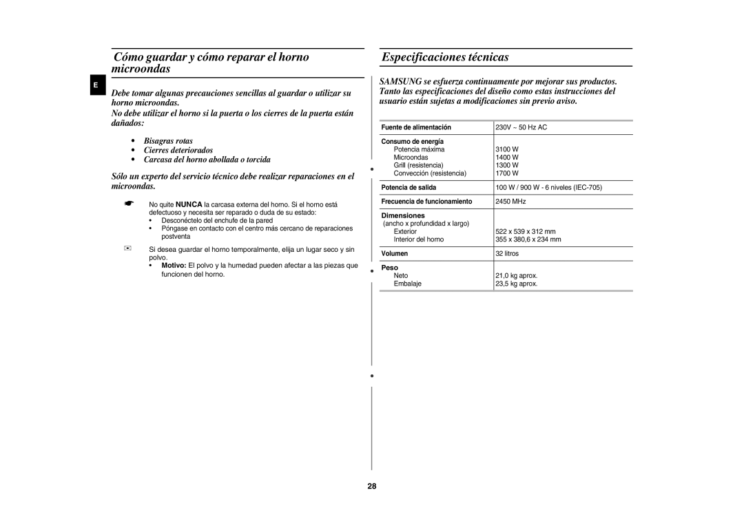 Samsung CE1185UB/XEC manual Cómo guardar y cómo reparar el horno microondas, Especificaciones técnicas, Dimensiones, Peso 