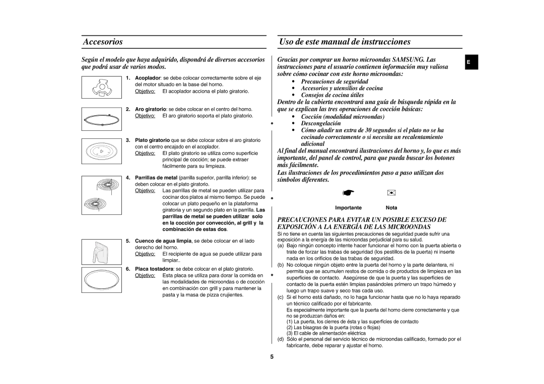 Samsung CE1185UB/XEC Accesorios Uso de este manual de instrucciones, Objetivo El aro giratorio soporta el plato giratorio 