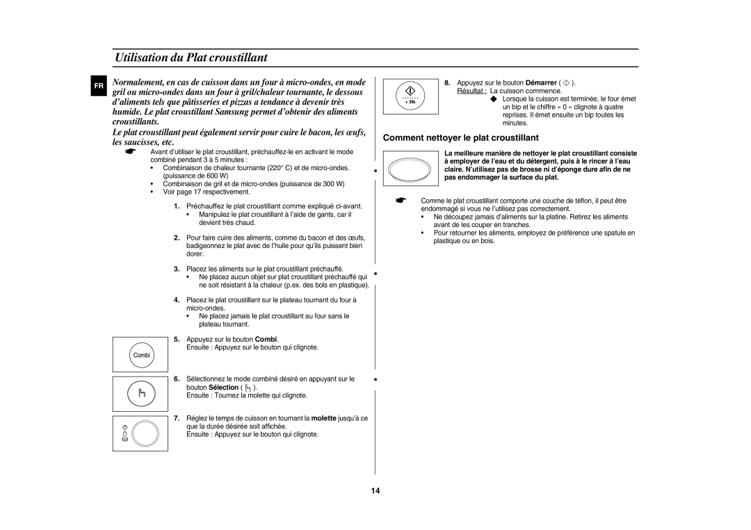 Samsung CE1185UB/XEF manual Utilisation du Plat croustillant, Préchauffez le plat croustillant comme expliqué ci-avant 