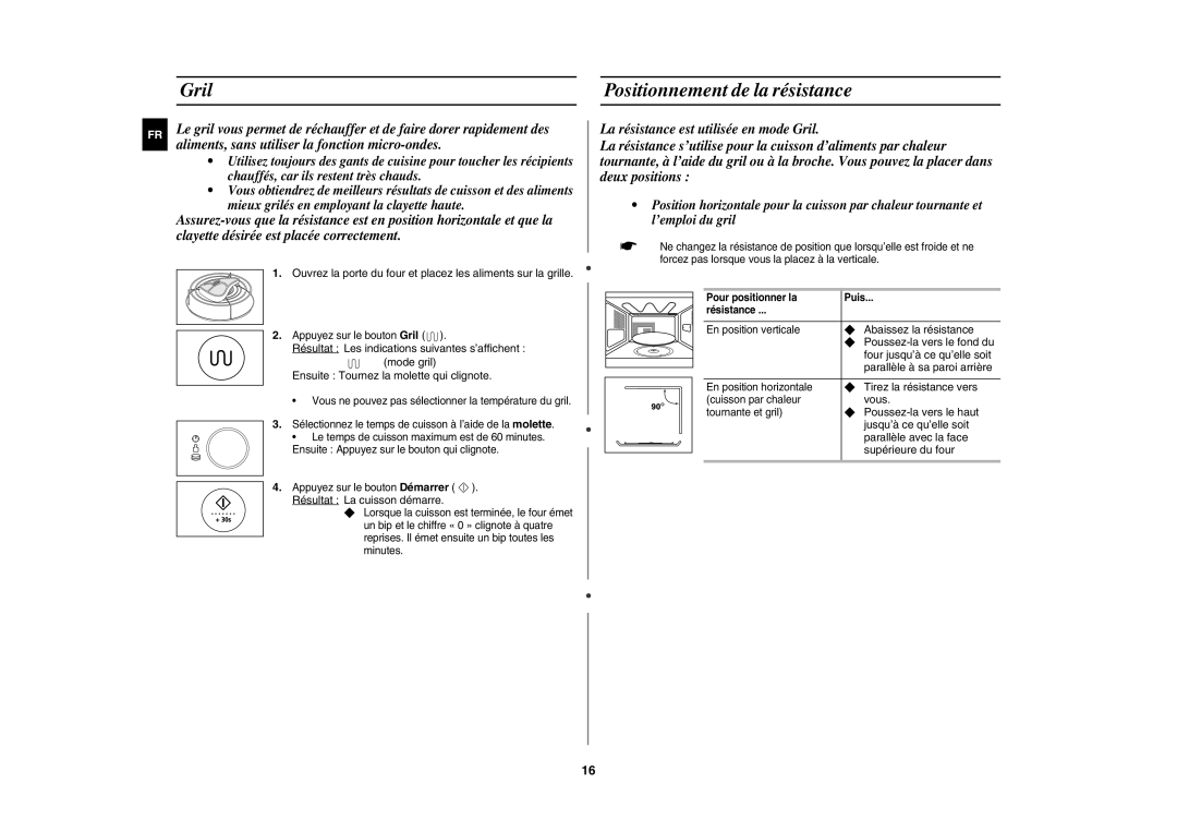 Samsung CE1185UB/XEF manual Gril Positionnement de la résistance 