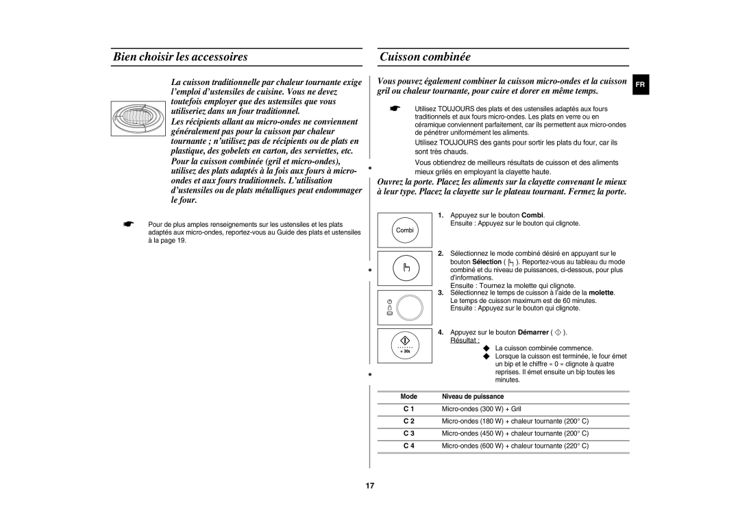 Samsung CE1185UB/XEF manual Bien choisir les accessoires Cuisson combinée, Appuyez sur le bouton Combi, Niveau de puissance 