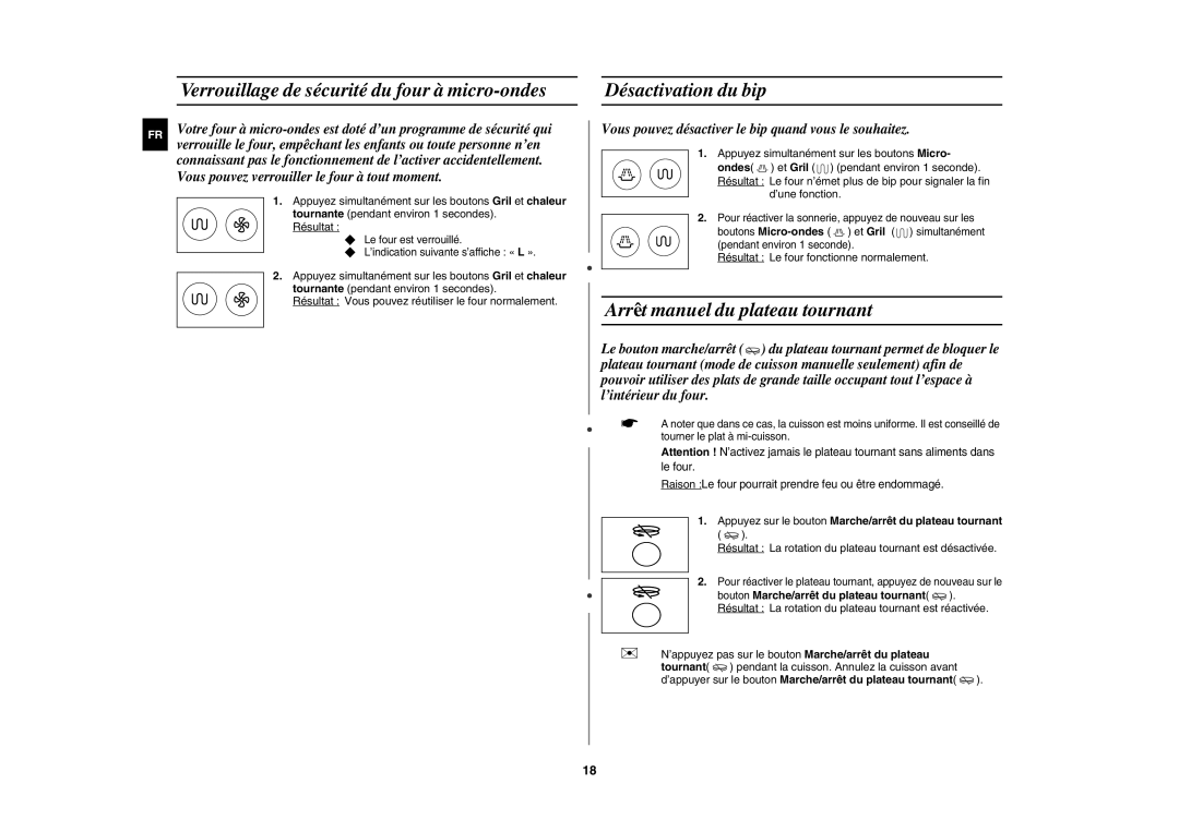 Samsung CE1185UB/XEF manual Verrouillage de sécurité du four à micro-ondes, Désactivation du bip 