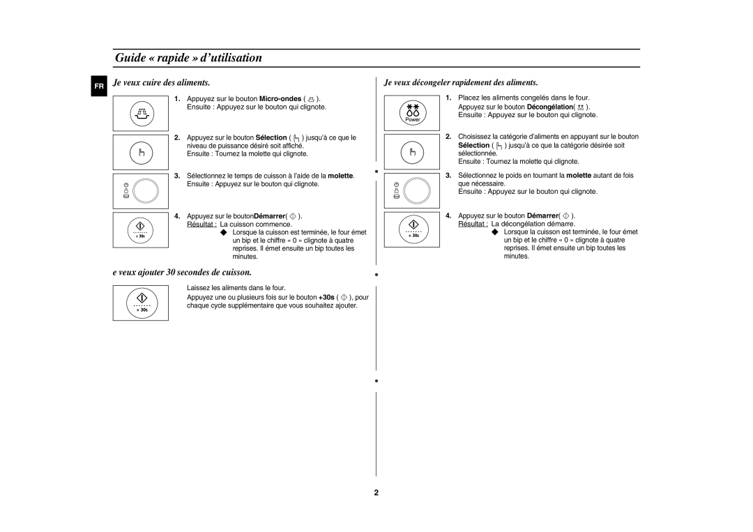 Samsung CE1185UB/XEF manual Guide « rapide » d’utilisation, Résultat La cuisson commence, Résultat La décongélation démarre 