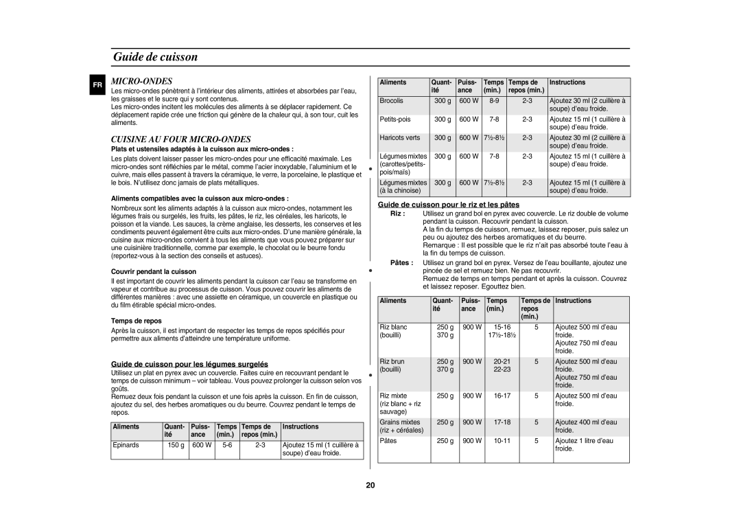 Samsung CE1185UB/XEF manual Micro-Ondes, Cuisine AU Four MICRO-ONDES, Guide de cuisson pour le riz et les pâtes 