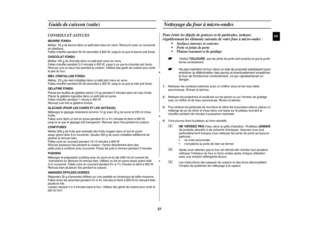 Samsung CE1185UB/XEF manual Guide de cuisson suite Nettoyage du four à micro-ondes, Conseils ET Astuces 
