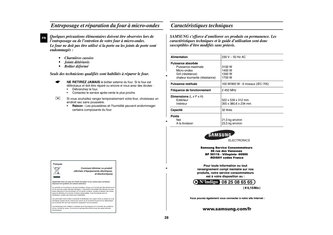 Samsung CE1185UB/XEF Entreposage et réparation du four à micro-ondes, Caractéristiques techniques, Dimensions L x P x H 