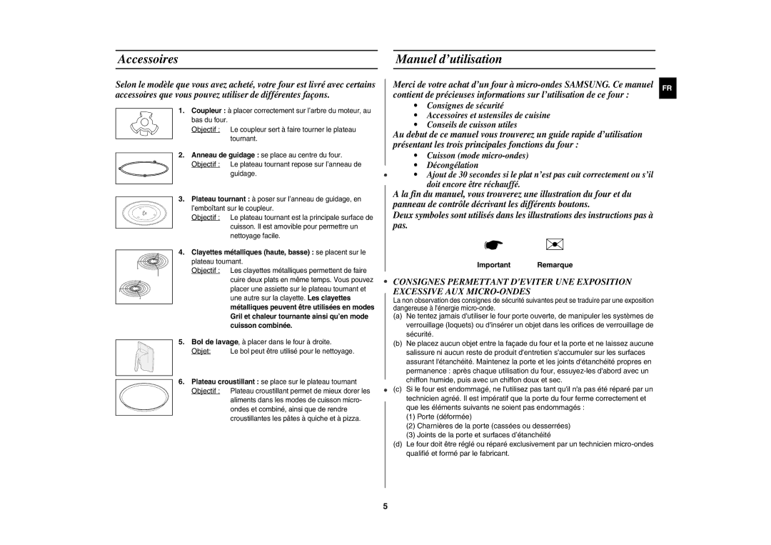 Samsung CE1185UB/XEF manual Accessoires Manuel d’utilisation, Objet, Important Remarque 