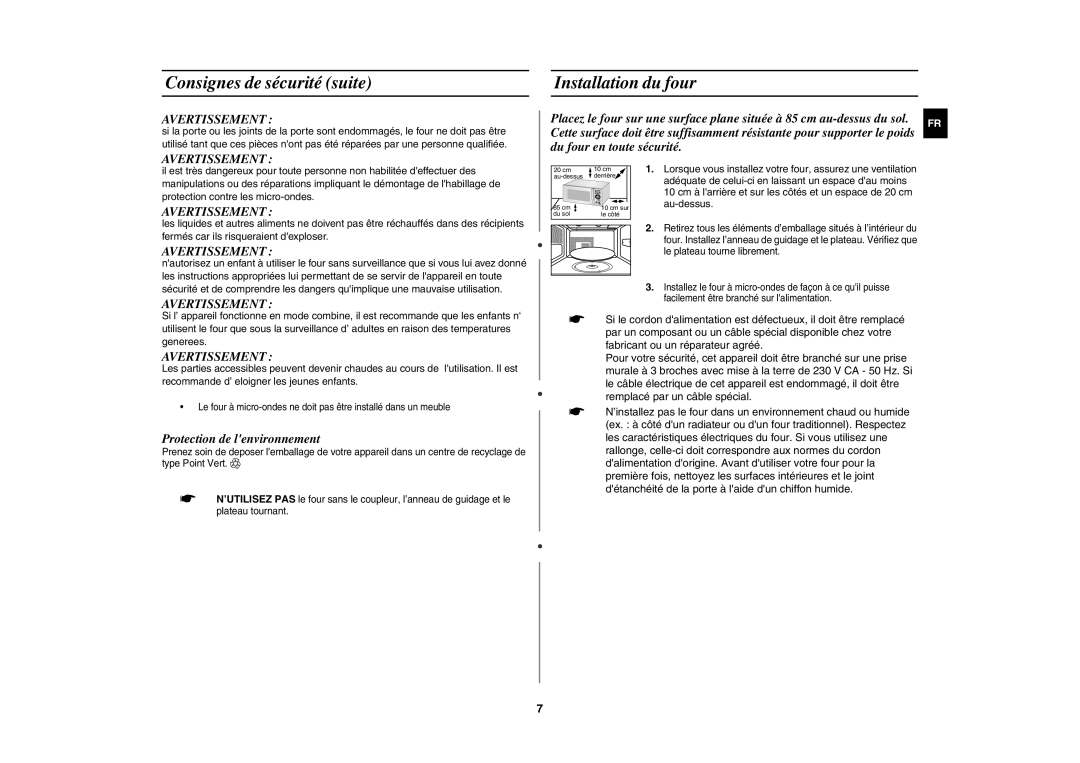 Samsung CE1185UB/XEF manual Consignes de sécurité suite Installation du four, Avertissement, Au-dessus 