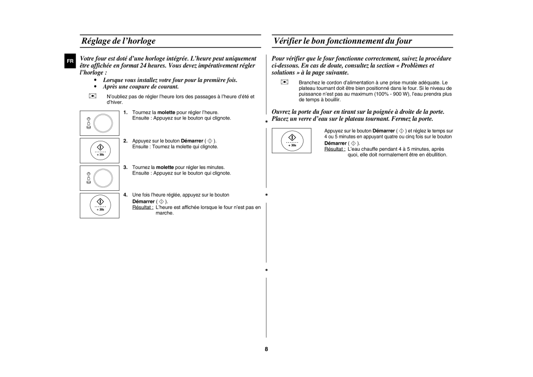 Samsung CE1185UB/XEF manual Réglage de l’horloge Vérifier le bon fonctionnement du four, Démarrer 