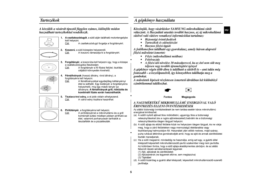 Samsung CE1185UB/XAG manual Tartozékok, Gépkönyv használata, Cél a koszorú támasztja ki a forgótányért, Fontos Megjegyzés 