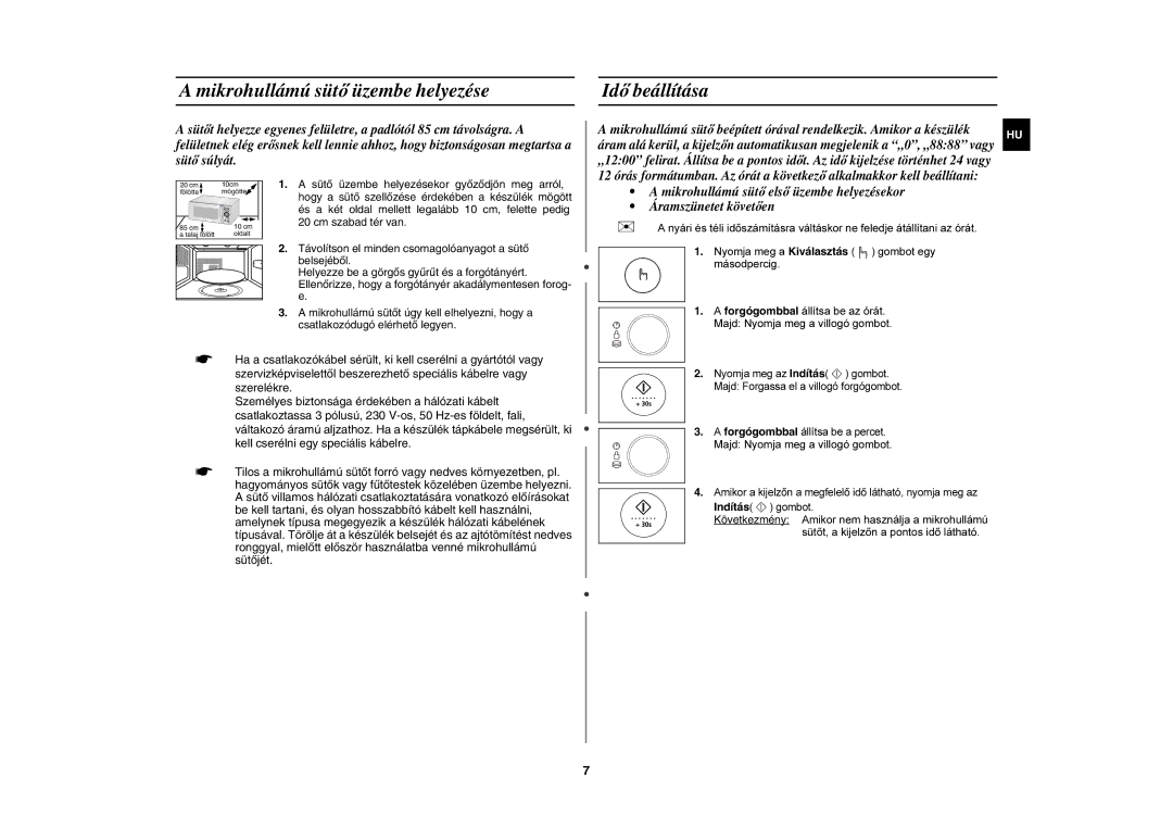 Samsung CE1185UB/XEH, CE1185UB/XEG, CE1185UB/XAG manual Mikrohullámú sütő üzembe helyezése, Idő beállítása 