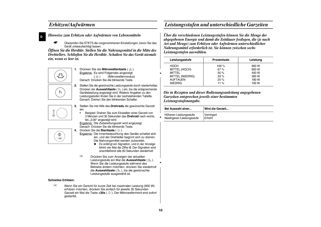 Samsung CE1185UB/XEG manual Mikrowellenmodus, Drücken Sie zum Anzeigen der aktuellen, Leistungsstufe Prozentsatz 