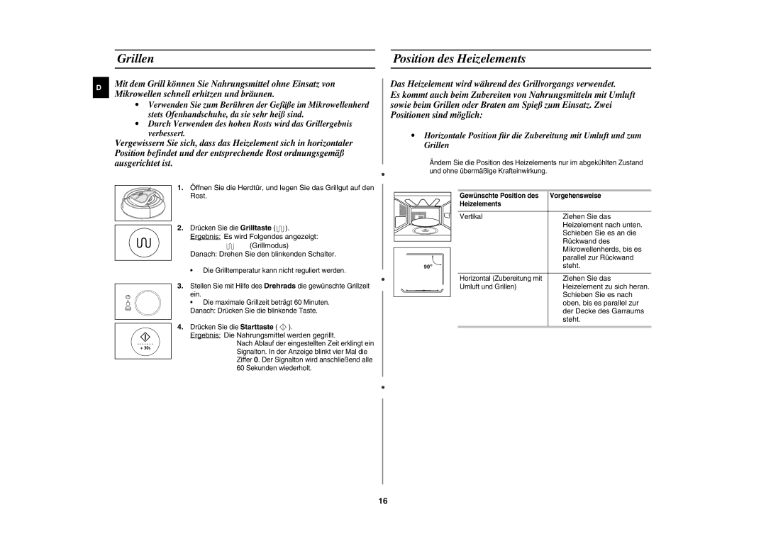 Samsung CE1185UB/XEG manual Grillen Position des Heizelements 