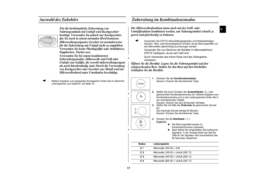 Samsung CE1185UB/XEG manual Auswahl des Zubehörs Zubereitung im Kombinationsmodus, Leistungsstufe 