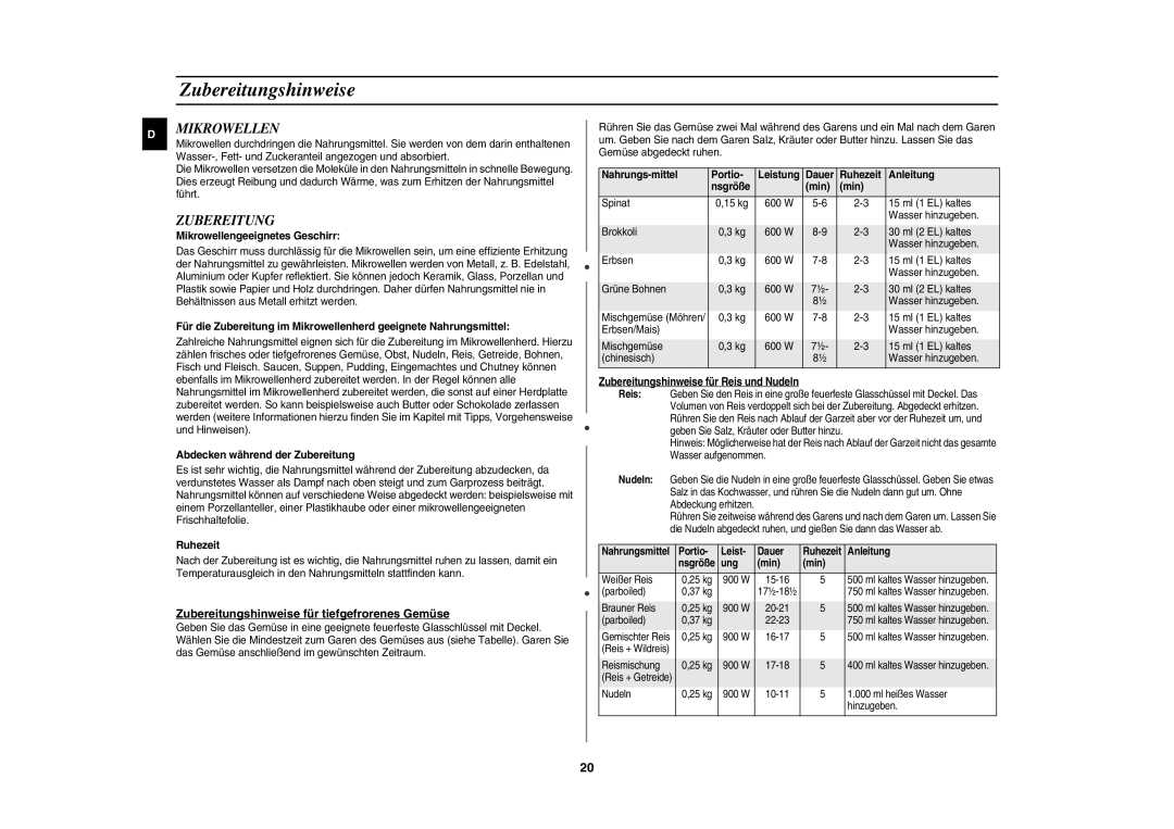 Samsung CE1185UB/XEG manual Mikrowellen, Zubereitungshinweise für tiefgefrorenes Gemüse 