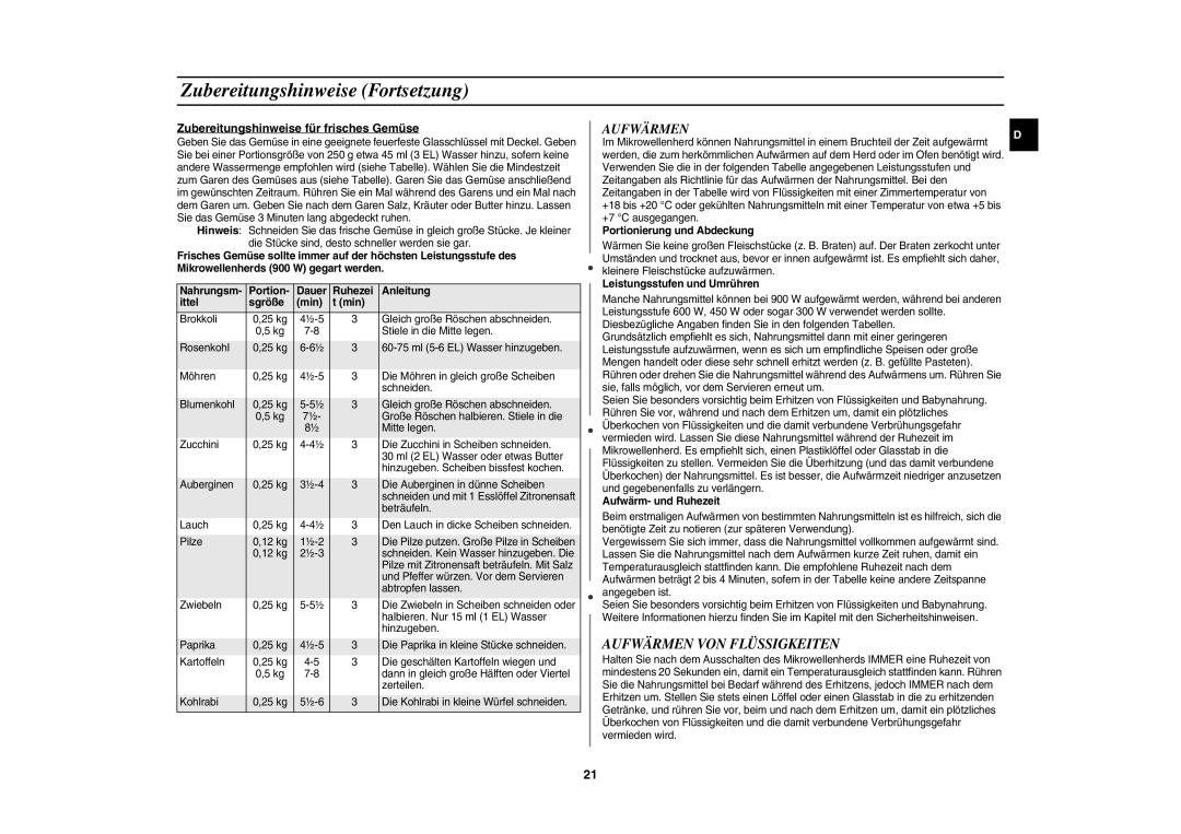 Samsung CE1185UB/XEG manual Zubereitungshinweise Fortsetzung, Aufwärmen VON Flüssigkeiten 