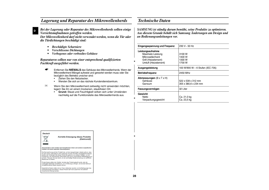 Samsung CE1185UB/XEG manual Technische Daten, Abmessungen B x T x H, Gewicht 