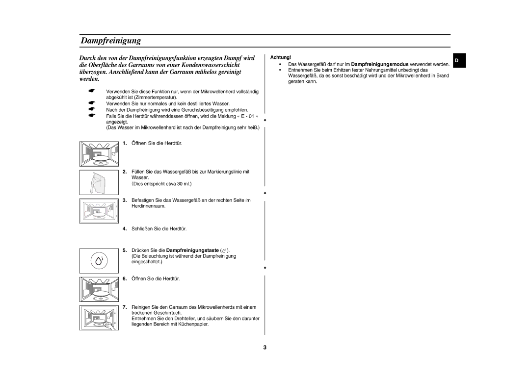 Samsung CE1185UB/XEG manual Öffnen Sie die Herdtür, Drücken Sie die Dampfreinigungstaste, Achtung 