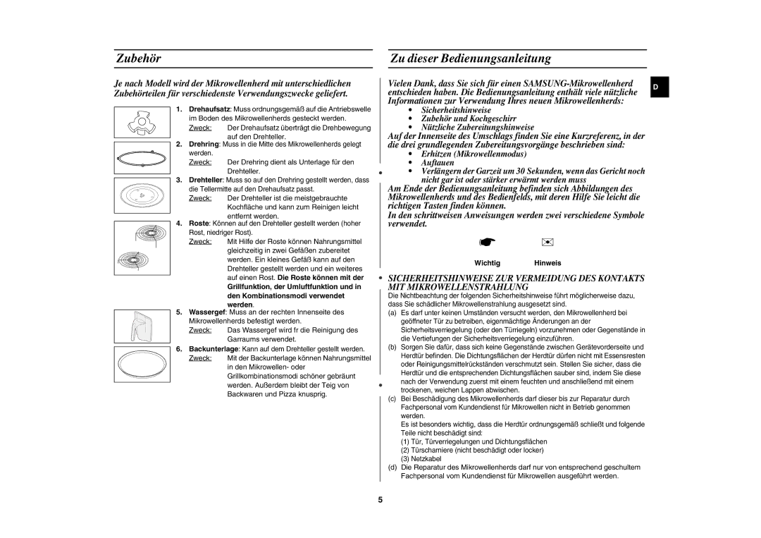 Samsung CE1185UB/XEG manual Zubehör Zu dieser Bedienungsanleitung, Den Kombinationsmodi verwendet, Werden, Wichtig Hinweis 