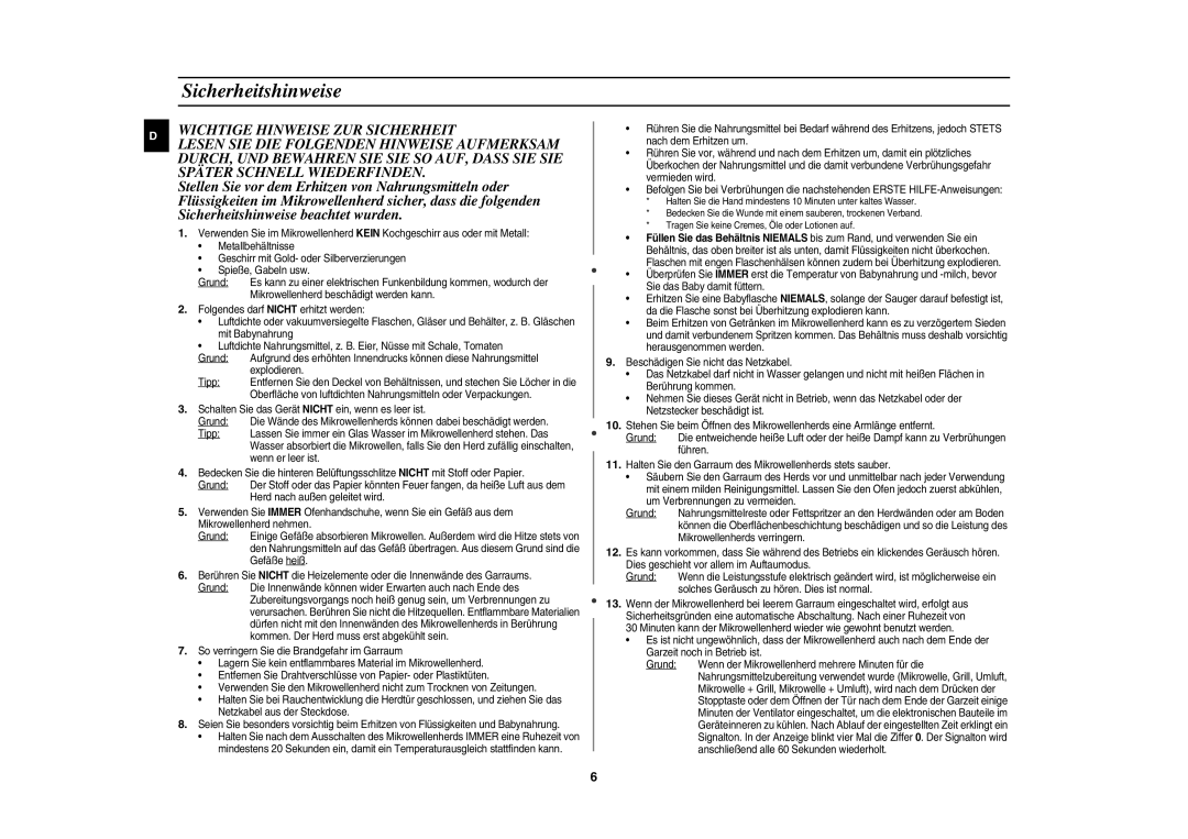 Samsung CE1185UB/XEG manual Sicherheitshinweise, Solches Geräusch zu hören. Dies ist normal 