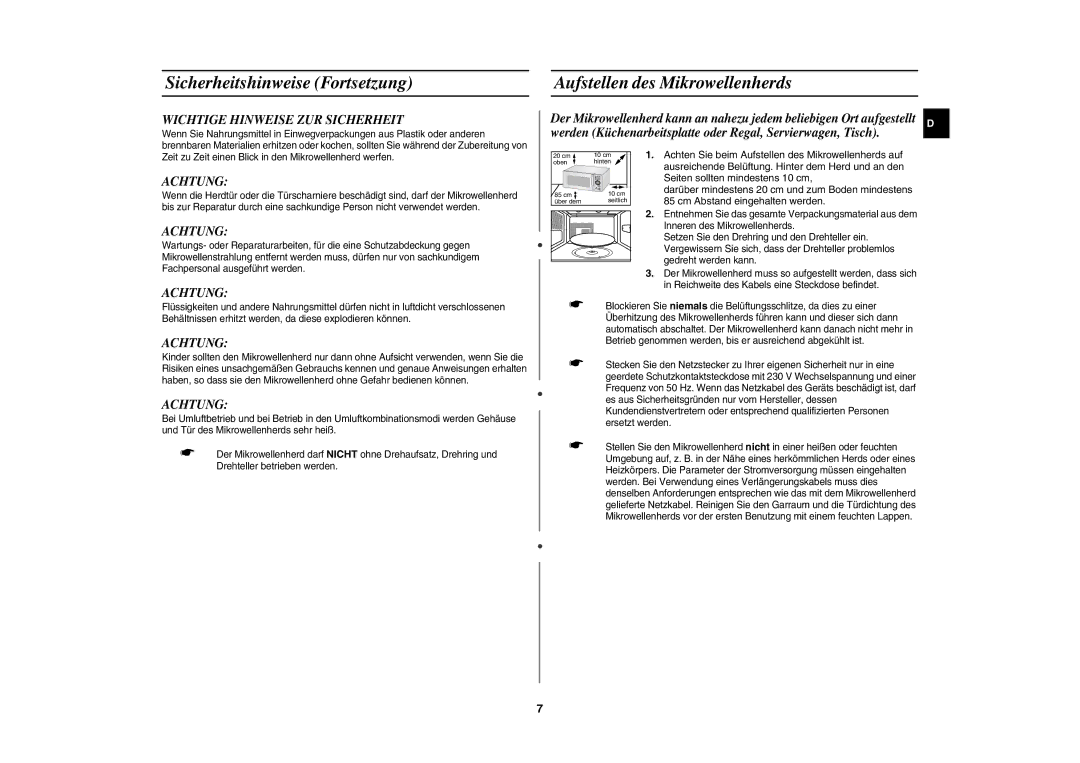 Samsung CE1185UB/XEG manual Wichtige Hinweise ZUR Sicherheit, Achtung 