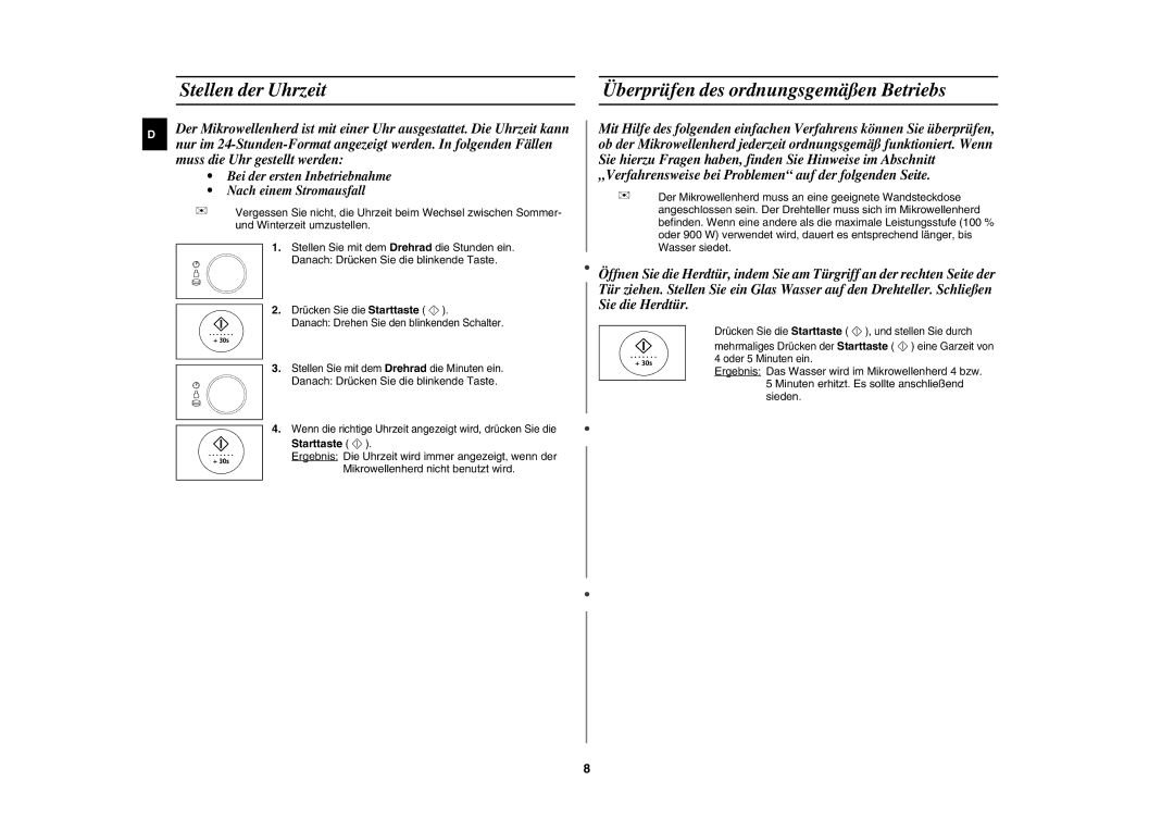 Samsung CE1185UB/XEG manual Stellen der Uhrzeit, Überprüfen des ordnungsgemäßen Betriebs, Starttaste 