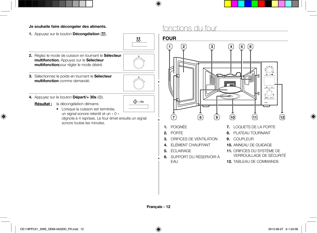 Samsung CE118PFCX1/SWS manual Fonctions du four, Four, Je souhaite faire décongeler des aliments 