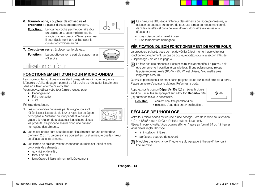 Samsung CE118PFCX1/SWS manual Utilisation du four, Fonctionnement DUN Four MICRO-ONDES, Réglage DE Lhorloge 